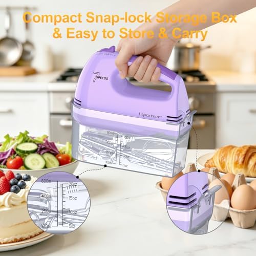 LILPARTNER Electric Hand Mixer with Storage Box, Ultra Power Kitchen Hand Mixer With 7-Speed & 5 Stainless Steel Accessories for Whipping Dough, Cream, Cake, Dishwasher Safe, LIGHT PURPLE BOX