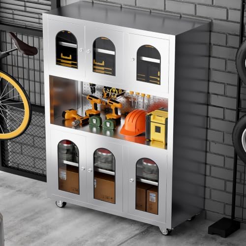 Stainless Steel Kitchen Pantry Cabinet with Pegboard and Adjustable Shelves