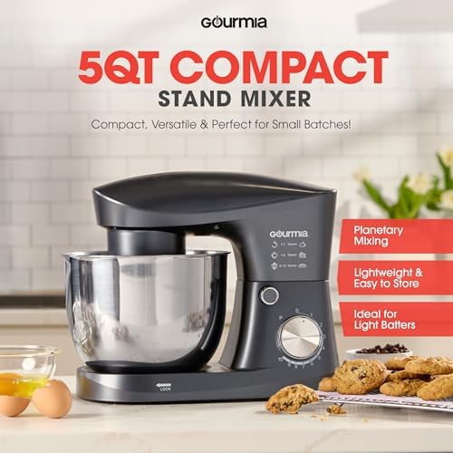 Gourmia 5 Quart 10-Speed Electric Stand Mixer with Bowl + Shield, Dough Hook, Whisk and Beater - Household Kitchen Standing Dough Maker Machine