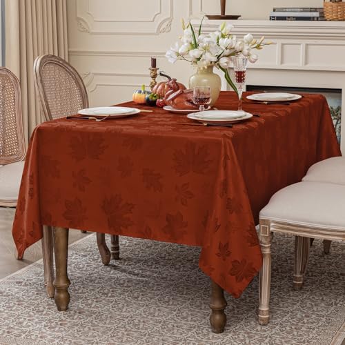 Softalker Fall Jacquard Tablecloth - Thanksgiving Maple Leaves Rectangle Table Cover, Autumn Harvest Waterproof Table Cloths Decor for Holiday, Dining, Party - Rust 52 x 70 Inch