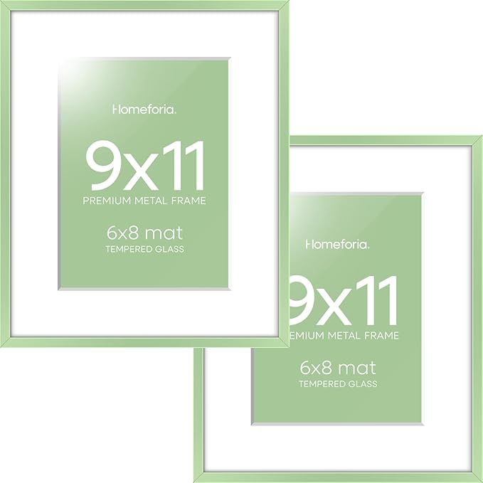 Homeforia 9x11 Sage Green Frame, High End Metal 9 x 11 Picture Frames with Mat 6 by 8 inch Photo, 9by11 Poster Frame Matted to 6x8 Art, 11x9 Wall or Tabletop Frames, Tempered Glass, Wall Kit, Set of 2