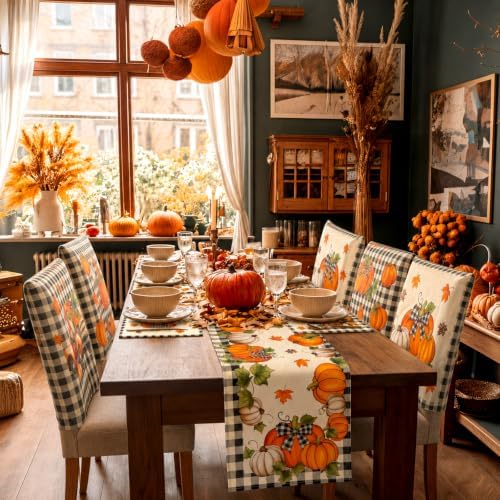 Newtay 13 Pcs Fall Pumpkin Table Runner Placemat and Dining Chair Cover Set