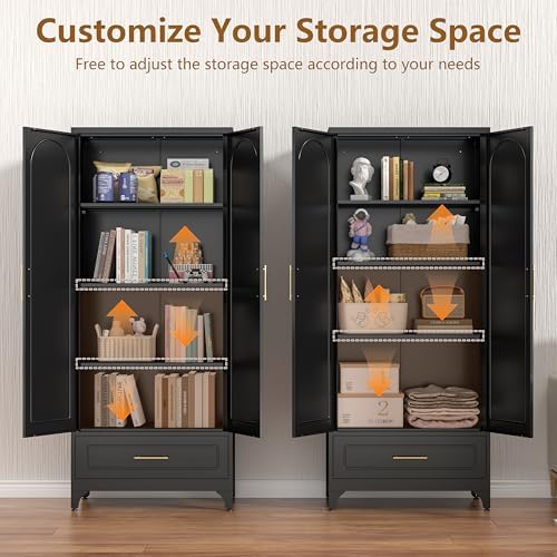 Polup 75" Tall Black Metal Pantry Storage Cabinet with 1 Drawer