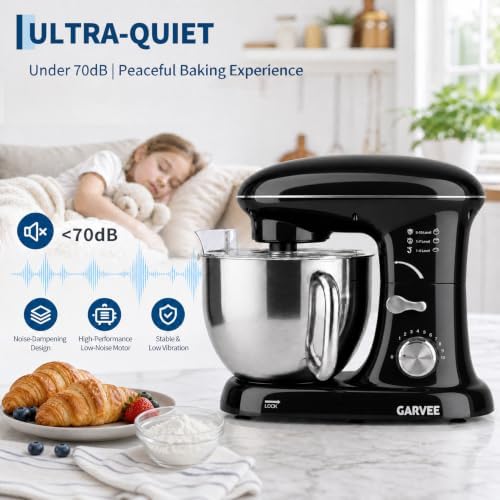 Garvee 5.3 QT Tilt-Head Stand Mixer, 500W Motor, 10-Speed Electric Kitchen Mixer with Stainless Steel Bowl, Dough Hook, Flat Beater & Wire Whisk for Bread Dough, Cake, Cookies & Pizza, Black