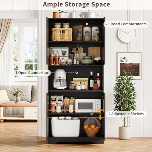 Garvee 70" Kitchen Pantry Cabinet, Farmhouse Tall Pantry Storage with Barn Doors and Adjustable Shelves, Wood Cupboard Locker for Kitchen, Dining Room, Living Room, Garage, Black