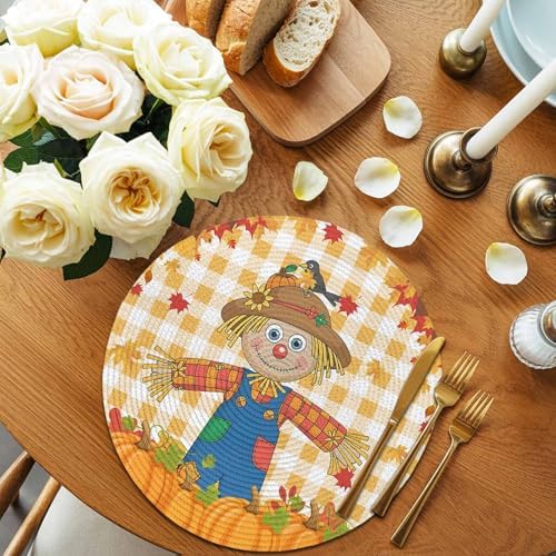 Fall Round Placemats Set of 6 Thanksgiving Scarecrows Crow Pumpkin Place Mats Woven Placemat Maple Leaf Orange Buffalo Plaid Circle Braided Table Mat for Kitchen Holiday Party Fall Decor 15 Inch