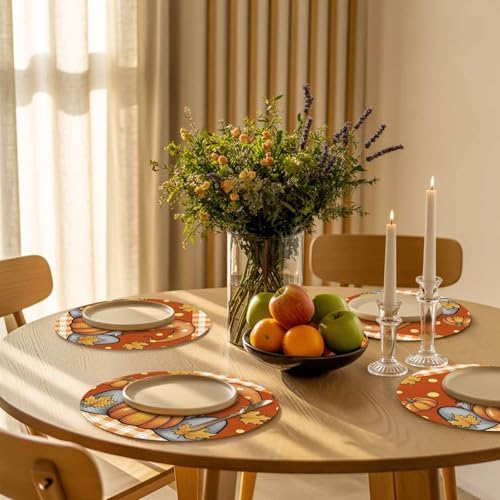 Fall Round Placemats Set of 4 Thanksgiving Pumpkin Gnome Place Mats Washable Woven Placemat Maple Leaf Orange Buffalo Plaid Circle Braided Table Mat for Kitchen Dining Holiday Party Fall Decor 15 Inch
