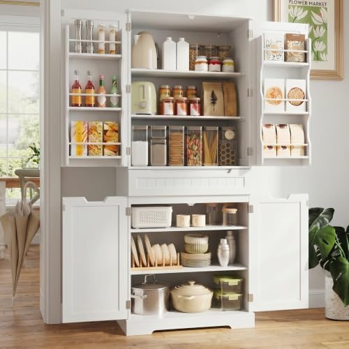 Gizoon Tall Kitchen Pantry Cabinet with Doors and Adjustable Shelves, White