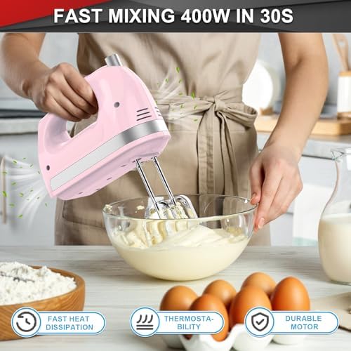 Lord Eagle Hand Mixer Electric Handheld 400W 5-Speed Lightweight, Pink