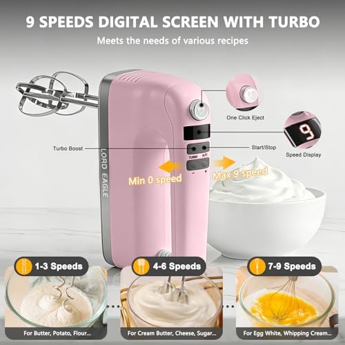 Lord Eagle 9-Speed Digital Hand Mixer Electric Handheld, 500W DC Motor