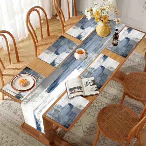 Mcalk Dusty Blue Table Runner and Placemats Set of 6 Pieces, Pink Flower Placemats Modern Art,Abstract Art Cloth Place Mats Indoor for Kitchen,Washable Placemats Linen Material for Dining Table