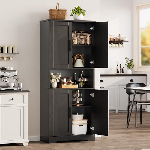 70“ Tall Kitchen Pantry Cabinet,Modern Kitchen Hutch with Microwave Stand & Adjustable Shelves,Ideal for Dining Room, Bathroom, Laundry Room - Modern and Functional Design.Black.
