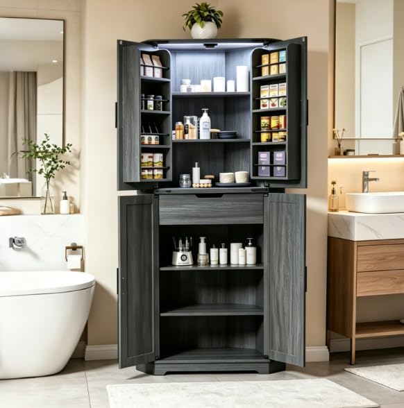 Dripex Tall Kitchen Pantry Cabinet with LED Light, 71" Corner Pantry Black