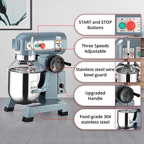 10Qt Food Mixer, 450W, 3-Speed Commercial Stand Mixer with tainless steel bowl, dough hook, whisk, Heavy duty mixer with safety guard, perfect for bakeries, restaurants, pizzerias and kitchens