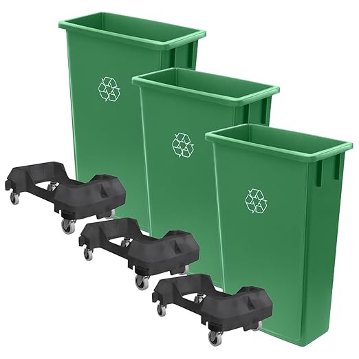 3 Pack 23 Gallon Waste Bin with Dolly, Heavy-Duty Trash Can, Slim Rectangular Garbage Bin, Durable Waste Container, Recycling Bin, Plastic Wastebasket for Kitchen, Garage, Restaurants, Office