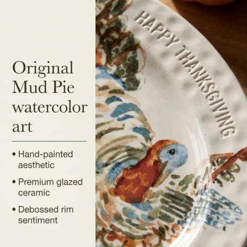 Mud Pie Turkey Platter, Large Thanksgiving Serving Platter, White Ceramic