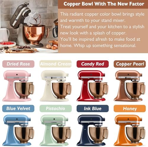 5 Quart Stainless Steel Mixer Bowl for Kitchenaid Classic&Artisan Tilt Head Mixer, Fit for KSM75, KSM90, KSM150, Radiant Copper, 1.75Lb, 0.8MM Thick, Heavy Duty, Dishwasher Safe, Ergonomics Handle