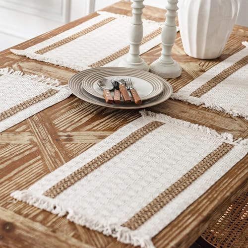 Niviy Boho Placemats Set of 6, 12x18 Inch Natural Cotton Burlap and Kitchen Woven Placemats with Tassels for Dining Table Centerpiece Thanksgiving Home Decorations