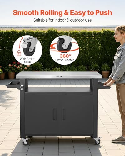 VEVOR Outdoor Grill Cart with Storage Cabinet, 53.1 Inch Grill Table, Waterproof Kitchen Island with Stainless Steel Top, Shelf, and Wheels, Movable Food Prep Station for Patio Bar Backyard BBQ