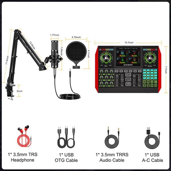 tenlamp Podcast Microphone Bundle with Live Sound Board Audio Mixer, Podcast Equipment Bundle with 3.5mm Boom Mic(P15) for Pc/Phone Live Streaming Singing Gaming, Voice Changer, Denoise