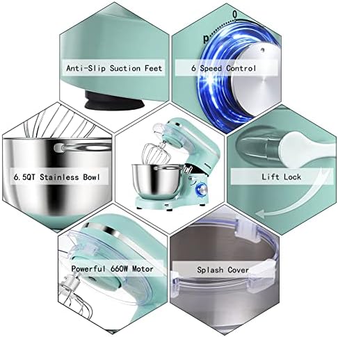 Aucma Stand Mixer,6.5-QT 660W 6-Speed Tilt-Head Food Mixer, Kitchen Electric Mixer with Dough Hook, Wire Whip & Beater (Blue, 6.5QT)