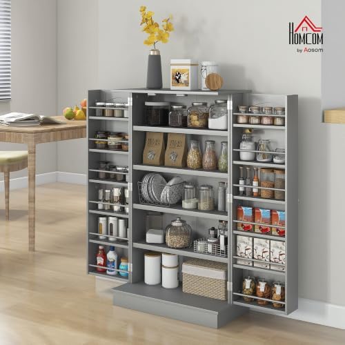 HOMCOM 41" Kitchen Pantry Storage Cabinet 12 Door Shelves Gray