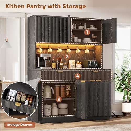 Jocoevol Fluted Kitchen Pantry Storage Cabinet with Charging Station & LED Lights,71" Tall Kitchen Hutch with Microwave Stand, Adjustable Shelves,Storage Doors(Black, 47" W x71 Hx15.7 D)