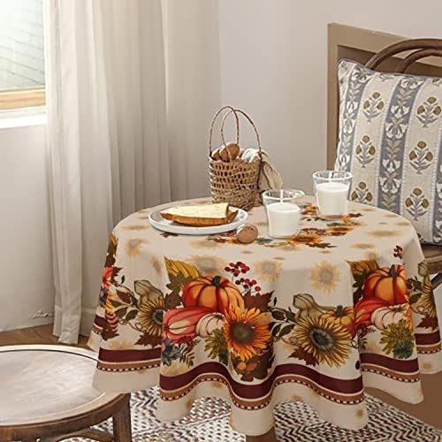 Fall Thanksgiving Double Border Decoration Tablecloth, Sunflower & Pumpkin Harvest Tablecloths,Waterproof Table Cover for Dinner Kitchen Party Holiday Decorations, Round 60"