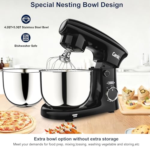 Camic Stand Mixer, 4.2QT+5.3QT Two bowls Electric Mixer,Black