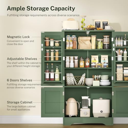 TEENFON 43" H Storage Cabinet with 4 Doors 67" Tall Bathroom Cabinet with Adjustable Shelves and Doors, Green