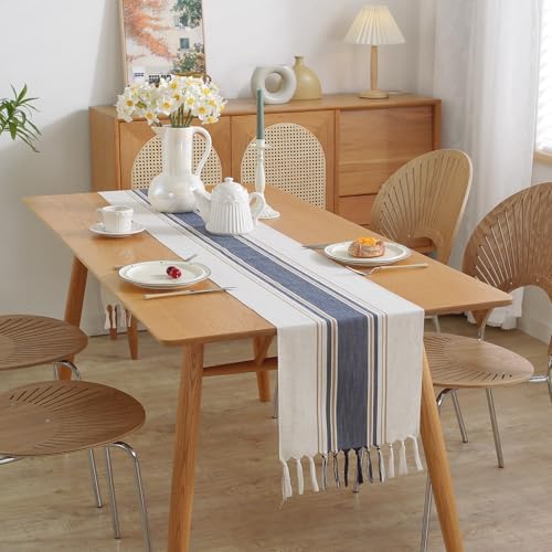 Niviy Blue Table Runner 36 Inches Long with Tassels, Seasonal Summer Washable Embroidered Striped Braided Blue and White Boho Table Runners for Holiday Party 12 x 36 Inches