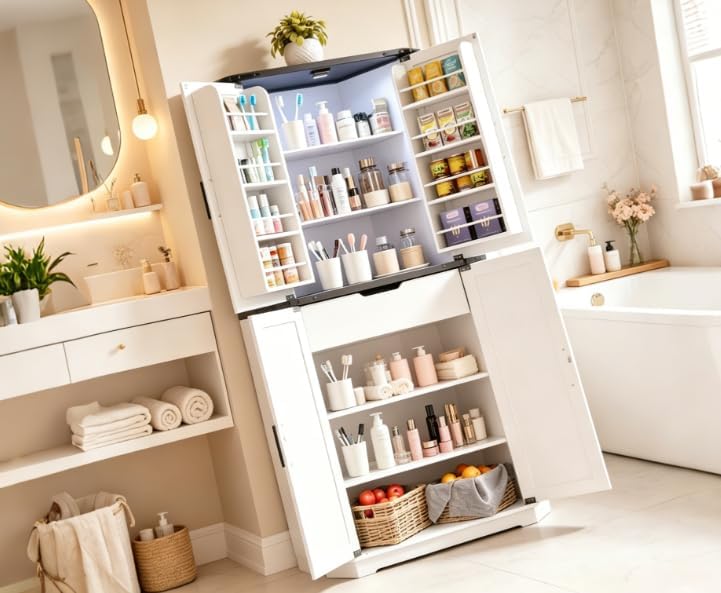 Dripex 71" Tall Corner Pantry Cabinet White, Farmhouse Tall Storage Cabinet with Doors, Adjustable Shelves & LED Light, Kitchen Food Cabinet for Living/Dining Room