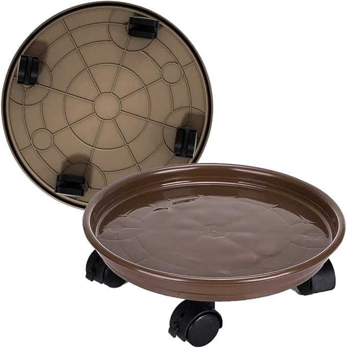 2 Pack Plant Caddy with Wheels,Round Potted Rolling Plant Stand with Wheels Heavy Duty Flower Pot Rack on Rollers Dolly Trolley Saucer Tray Pallet with Universal Wheels (14inch, Brown)