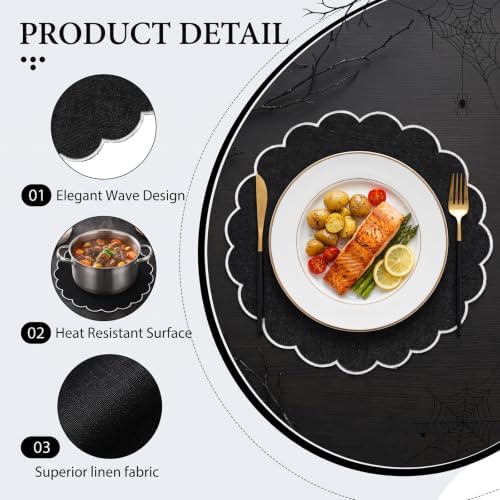Set of 12 Black Cotton Placemats 15 Inch Round Scalloped Placemats,