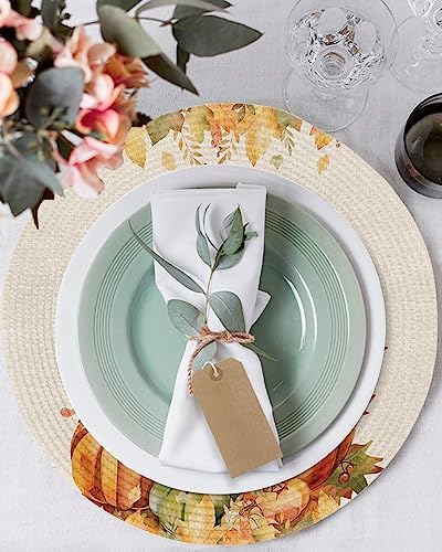 Fall Round Placemats Set of 4 Orange Pumpkin Thanksgiving Place Mats Washable Woven Placemat Autumn Maple Leaf Circle Braided Table Mat for Kitchen Dining Table Holiday Party Decorations 15 Inch