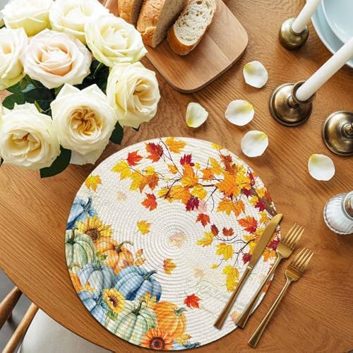 Fall Round Placemats Set of 6 Thanksgiving Autumn Maple Leaves Place Mats Woven Placemat Sunflower Orange Blue Green Pumpkin Circle Braided Table Mat for Kitchen Holiday Party Fall Decor 15 Inch