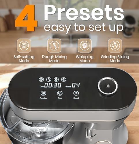 Stand Mixer 6QT Kitchen Mixer with LED Smart Touchscreen, 11-Speed Tilt-Head Mixer with Timer, 4 Preset Menus, Stainless Steel Bowl, Dough Hook, Whisk, Beater (Sliver, 6Qt)
