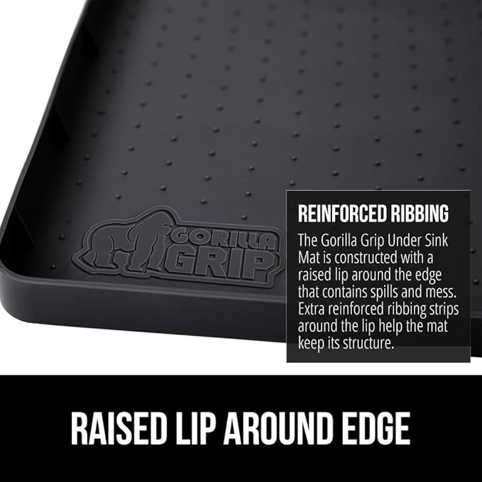GORILLA GRIP Waterproof Silicone Under Sink Mat with Raised Lip for Kitchen and Bathroom, Cabinet Shelf Liner Stay in Place Mats Dishwasher Safe Drawer Liner, Organizer Tray, 19 x 22 in, Black