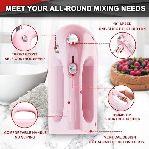 Lord Eagle Hand Mixer Electric Handheld 400W 5-Speed Lightweight, Pink