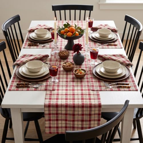 Solino Home 100% Pure Linen Table Runner Plaid, Almond Plaid 14 x 72 in