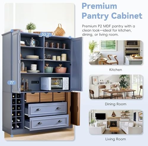 Merax Farmhouse 71" Large Kitchen Pantry Cabinet with Power Outlet, 53.2" Wide Storage Cupboard with 4 Foldable Doors, Adjustable Shelves, Wine Racks & Serving Trays, for Dining Room, Blue-Gray
