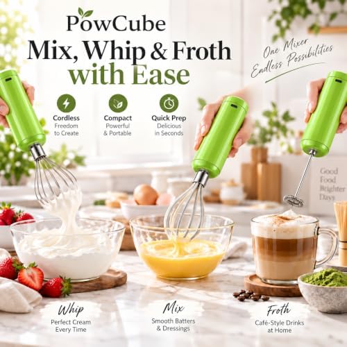Cordless Hand Mixer, 4-in-1 Handheld Electric Mixer with Electric Whisk Frother & 10 oz Mini Food Chopper, USB-C Rechargeable 4-Speed Hand Mixer for Eggs, Cream, Coffee & Small-Batch Prep