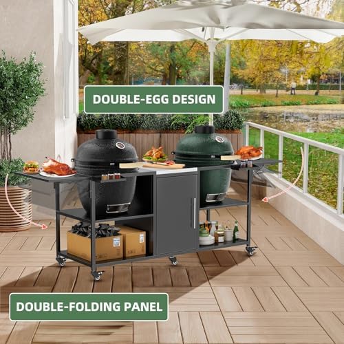 KEIKI Outdoor Grill Cart for Two Big Green Egg, Multi-Functional Movable BBQ Cart, Metal Grill Table Compatible with Large Big Green Egg, Kamado Joe 18 Inch,and Other Similar Models