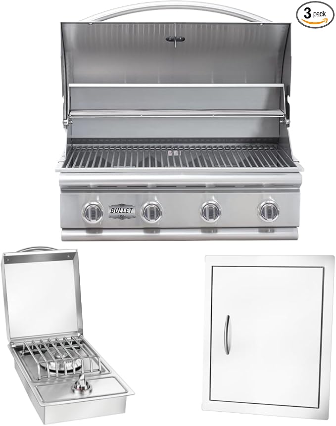 Bullet by Bull Stainless Steel Outdoor Kitchen Set - Built-In Natural Gas Grill, Perfect for Entertaining -BBQ Kitchen Isl& Bundle - Includes 4 Burner Grill, Single Access Door & Side Burner