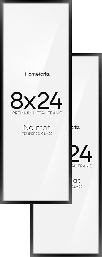 Homeforia 8x24 Black Panoramic Frame, High End Metal 8 x 24 Picture Frames without Mat, 24x8 Hanging Black Poster Frames for Wall, 8by24 inches Display Photo Frames, Tempered Glass, Wall Kit, Set of 2