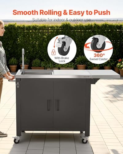 VEVOR Outdoor Grill Cart with Sink and Storage Cabinet, 52 Inch Grill Table, Waterproof Kitchen Island with Stainless Steel Top, Spice Rack, Wheel, Movable Food Prep Station for Patio Bar Backyard BBQ