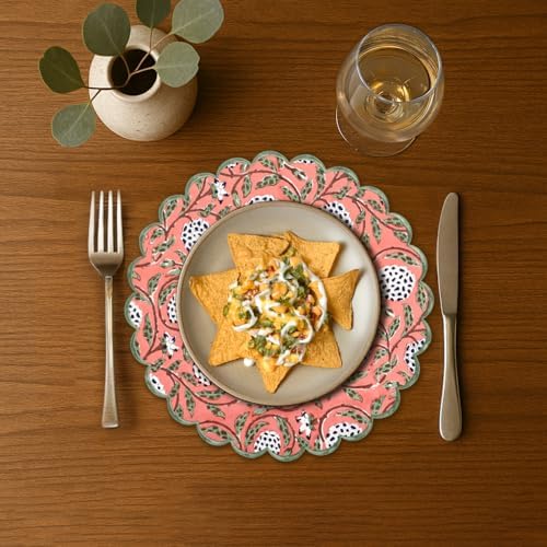 Ridhi Floral Block Print Round Placemats 15 in, Set of 4, Dark Salmon Pink
