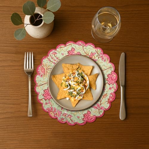 Ridhi Floral Block Print Round Placemats 15 Inch, Set of 4, Pistachio Green
