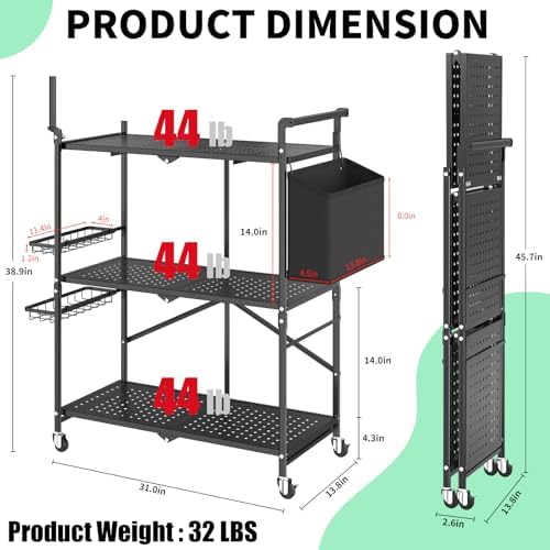 DTUQYX Foldable Outdoor Grill Cart with 3-Tier,Grill Cart,Grill Table for Outside with 2 Total Lock Casters，Pizza Oven Stand Table，Rolling BBQ Table and Folding Kitchen Island, Black