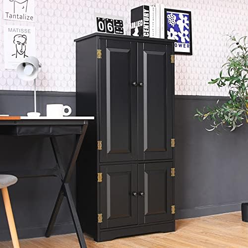 GIANTEX Kitchen Pantry Storage Cabinet, Wood Cupboard Organizer, Adjustable Shelf & Anti-Tilt Design Floor Cabinet for Living Room Bathroom (Black)